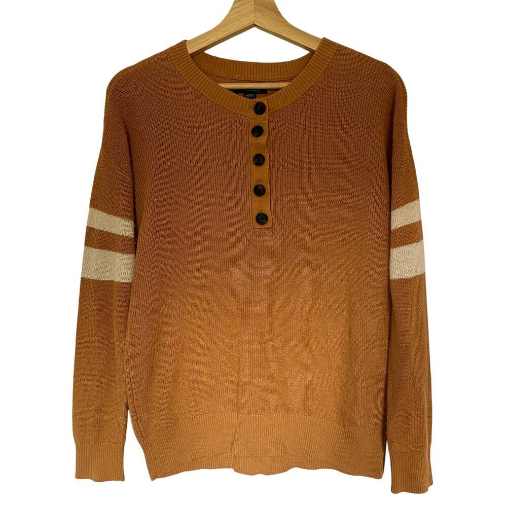 American Eagle mustard yellow white arm stripes knit sweater women's size small